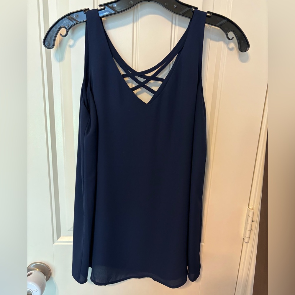 Navy blue blouse tank with criss-cross back